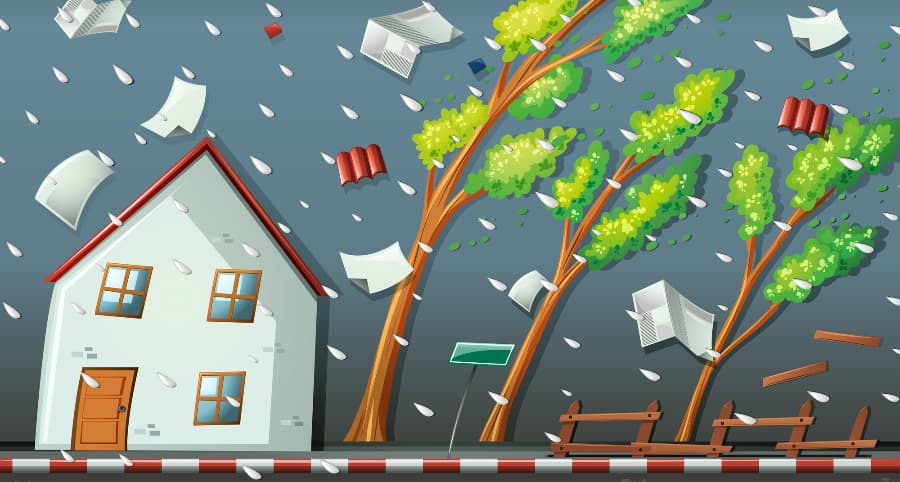 Illustration of a storm affecting a house and the immediate surroundings